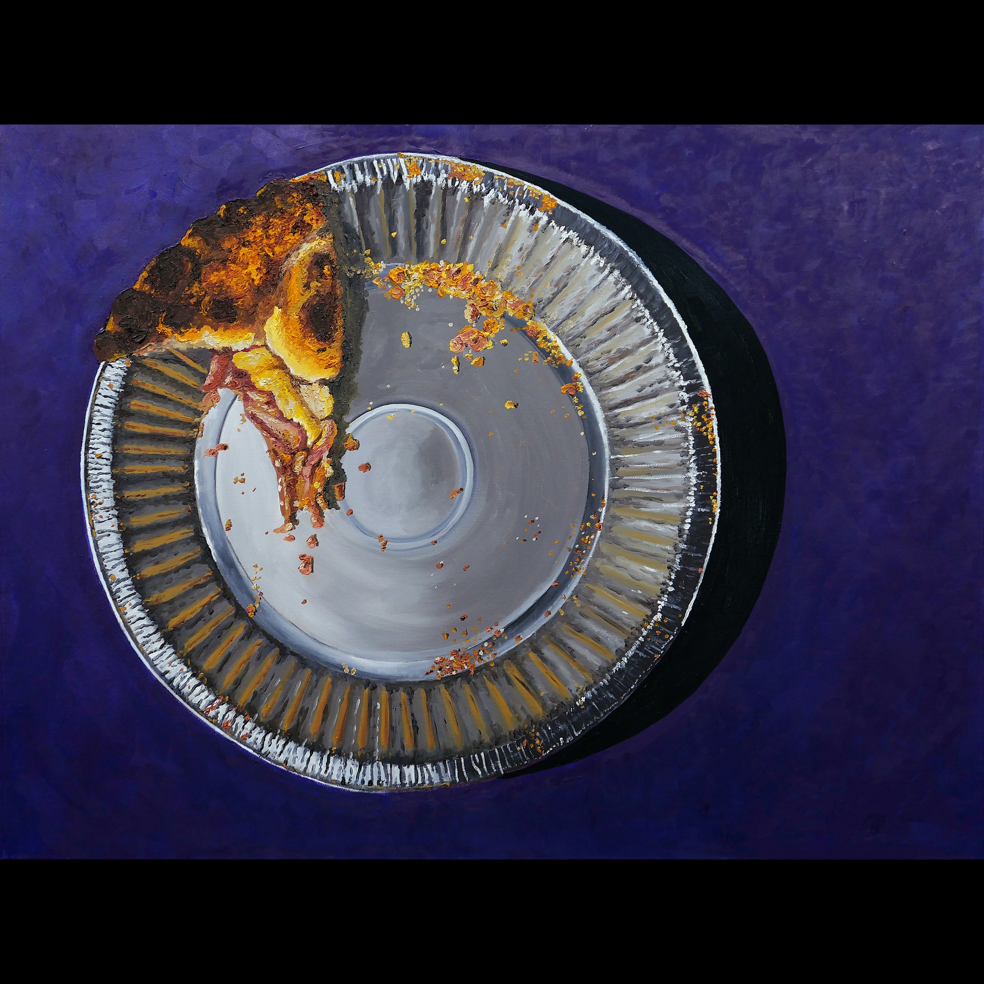 A painting of an almost empty pie pan with one slice left.