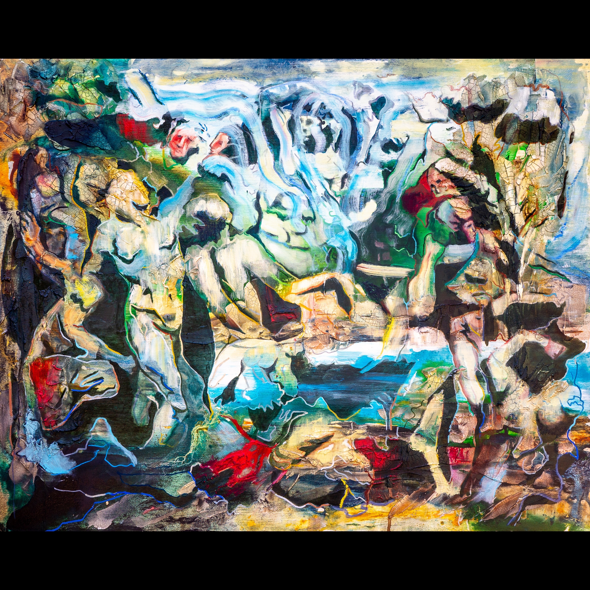 A painting of many figures in various poses with primary colors.