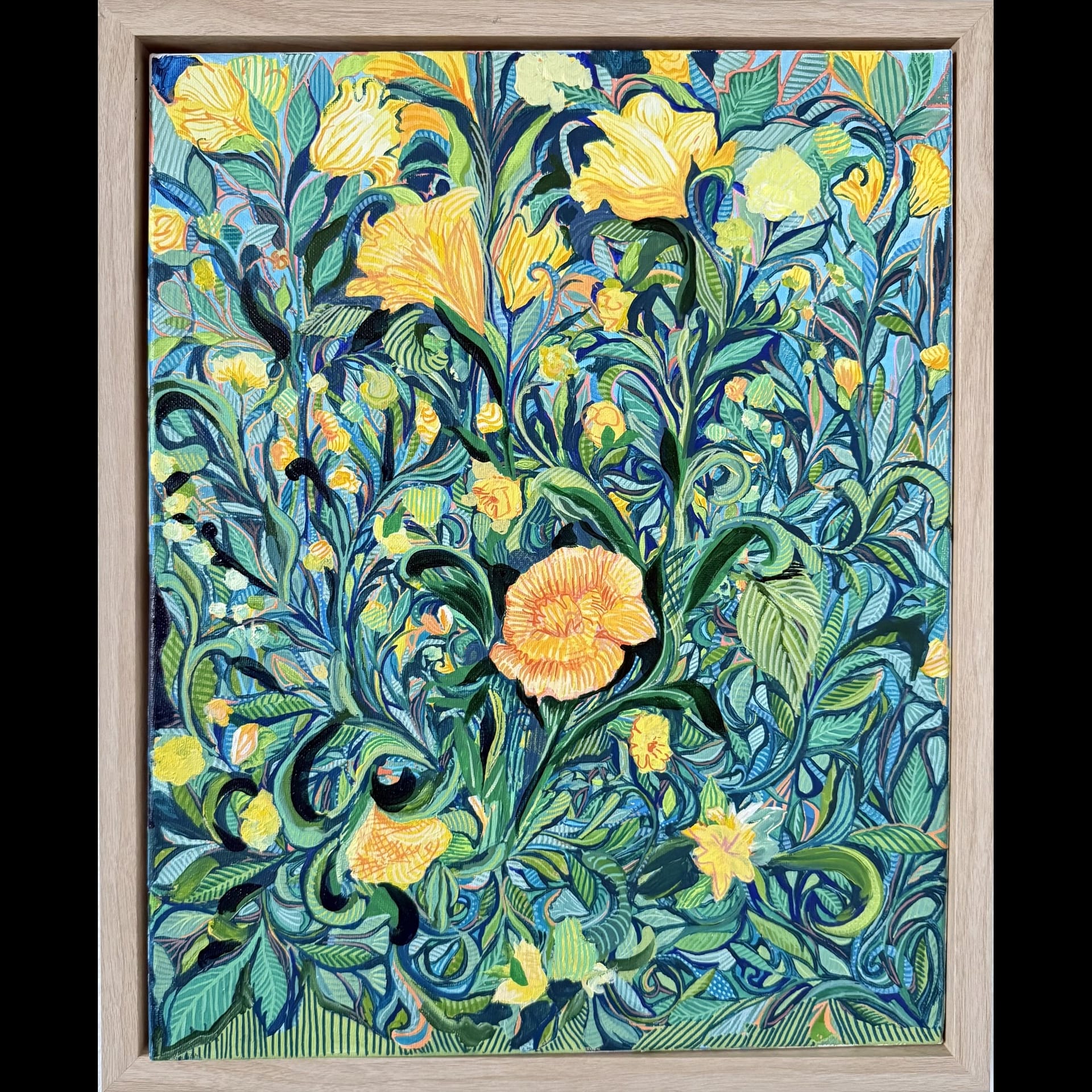 A drawing of yellow and green flowers.