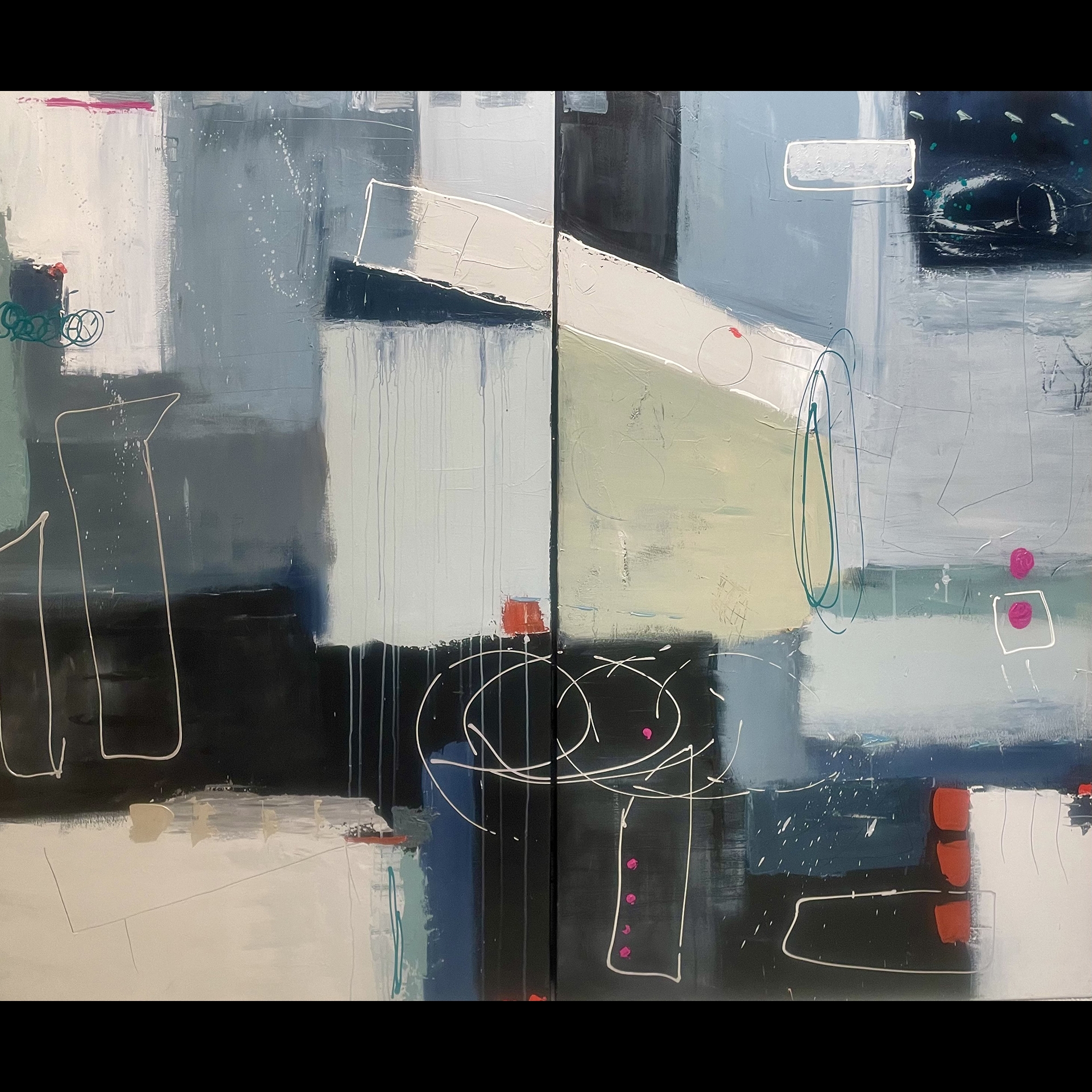 An abstract artwork made up of blues, whites and blacks.
