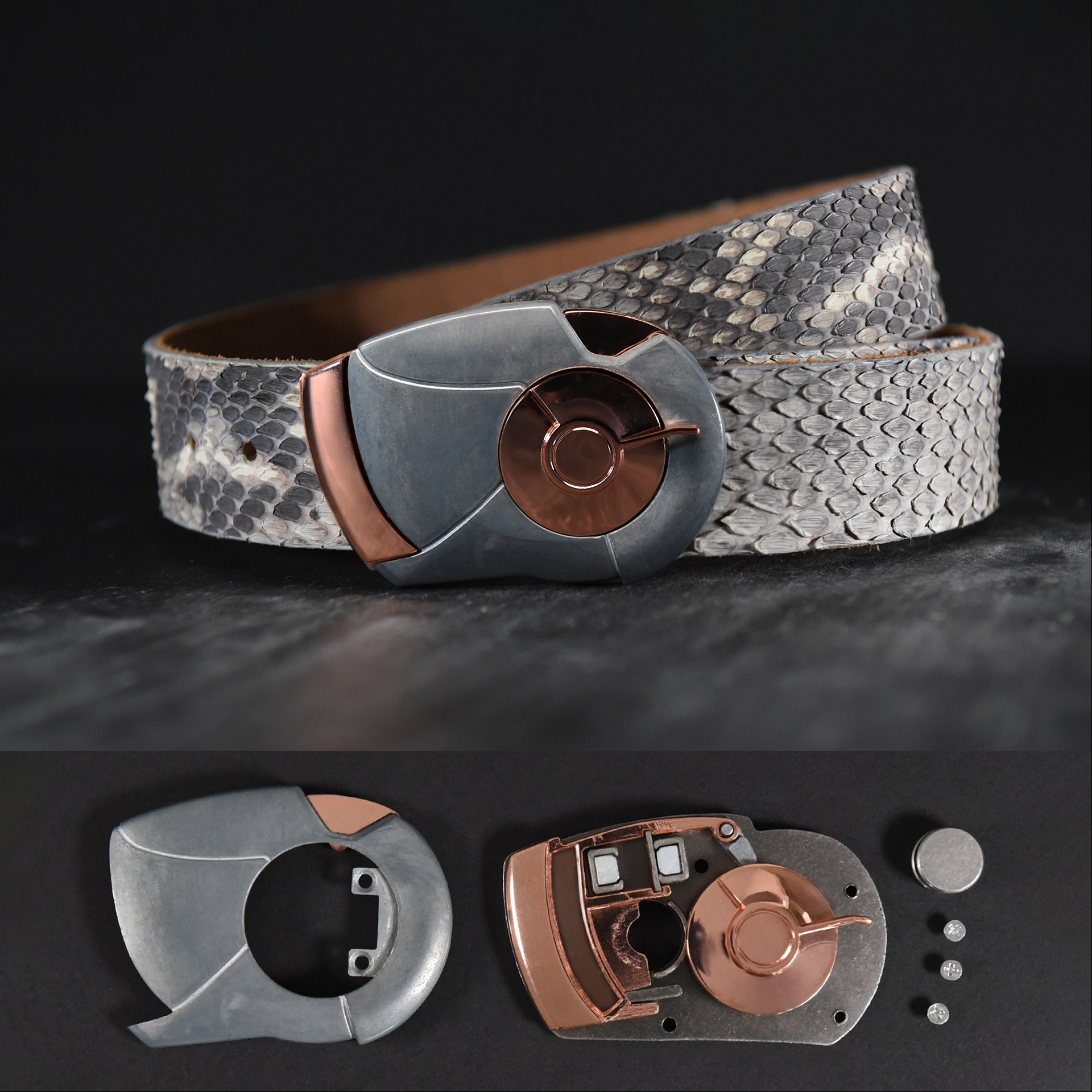 A silver and bronze belt and buckles.