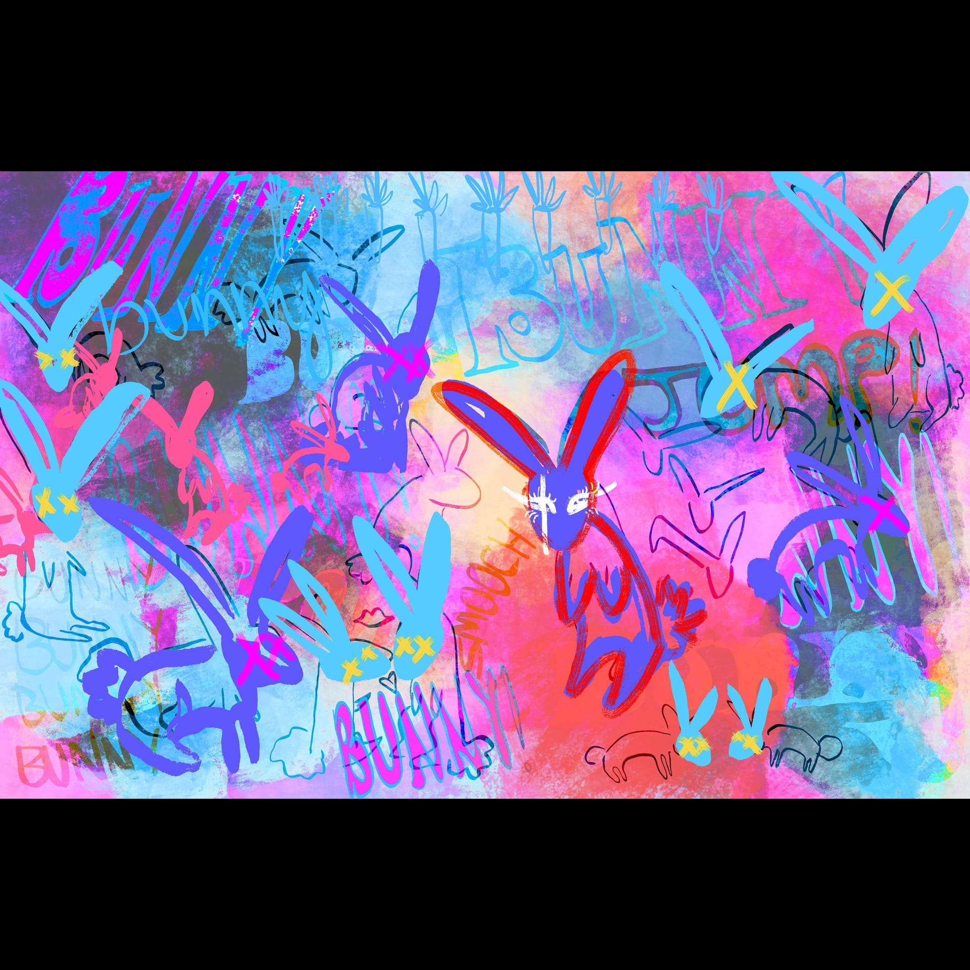 A vibrant drawing of rabbits.