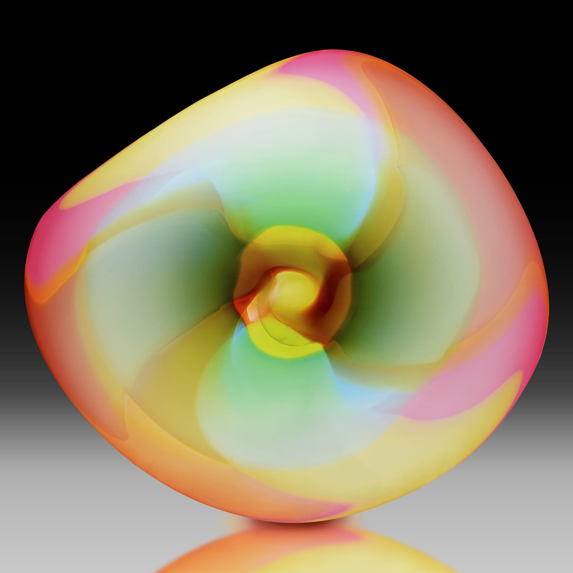 A neon pink and green abstract glass shape.