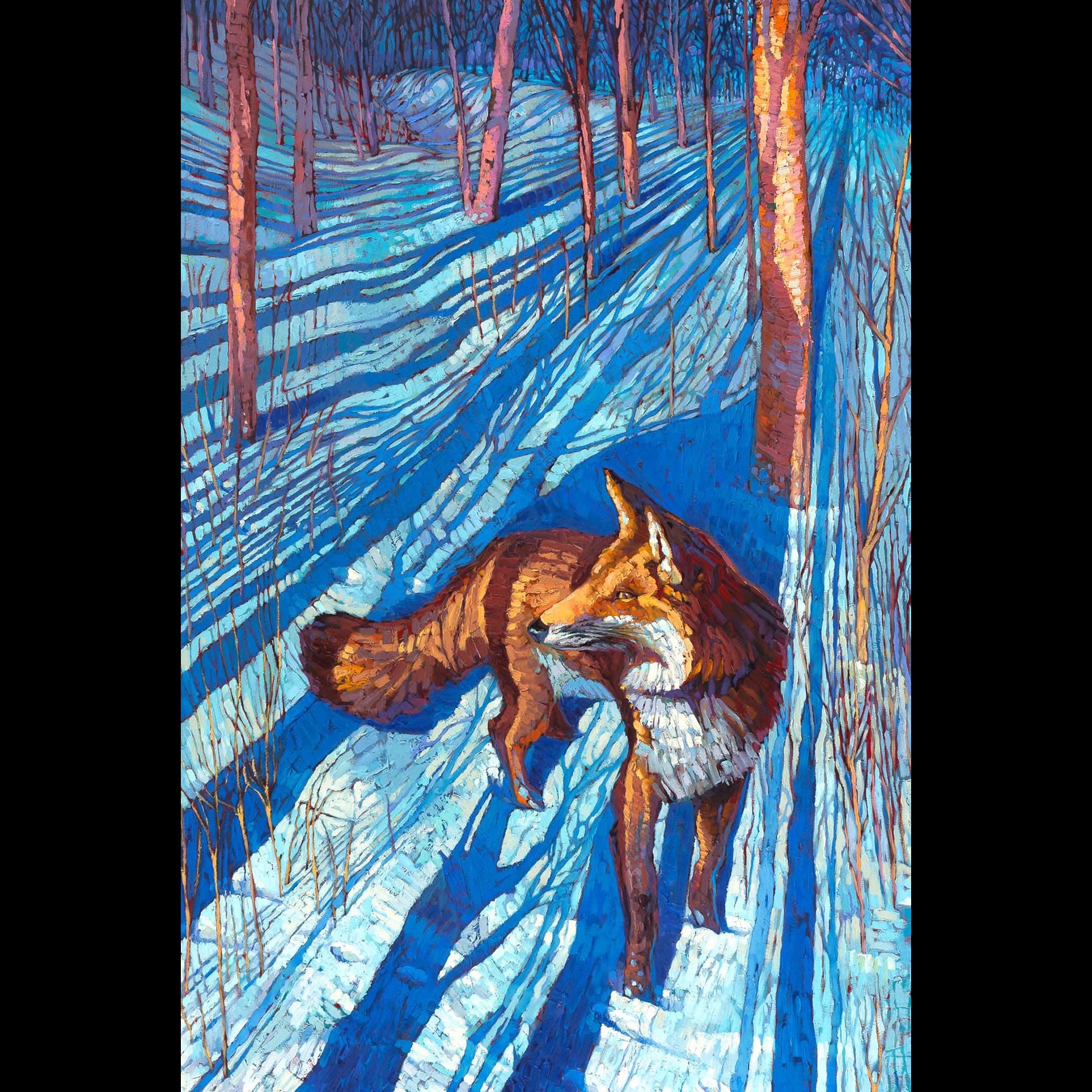 A painting of a fox in the snow.