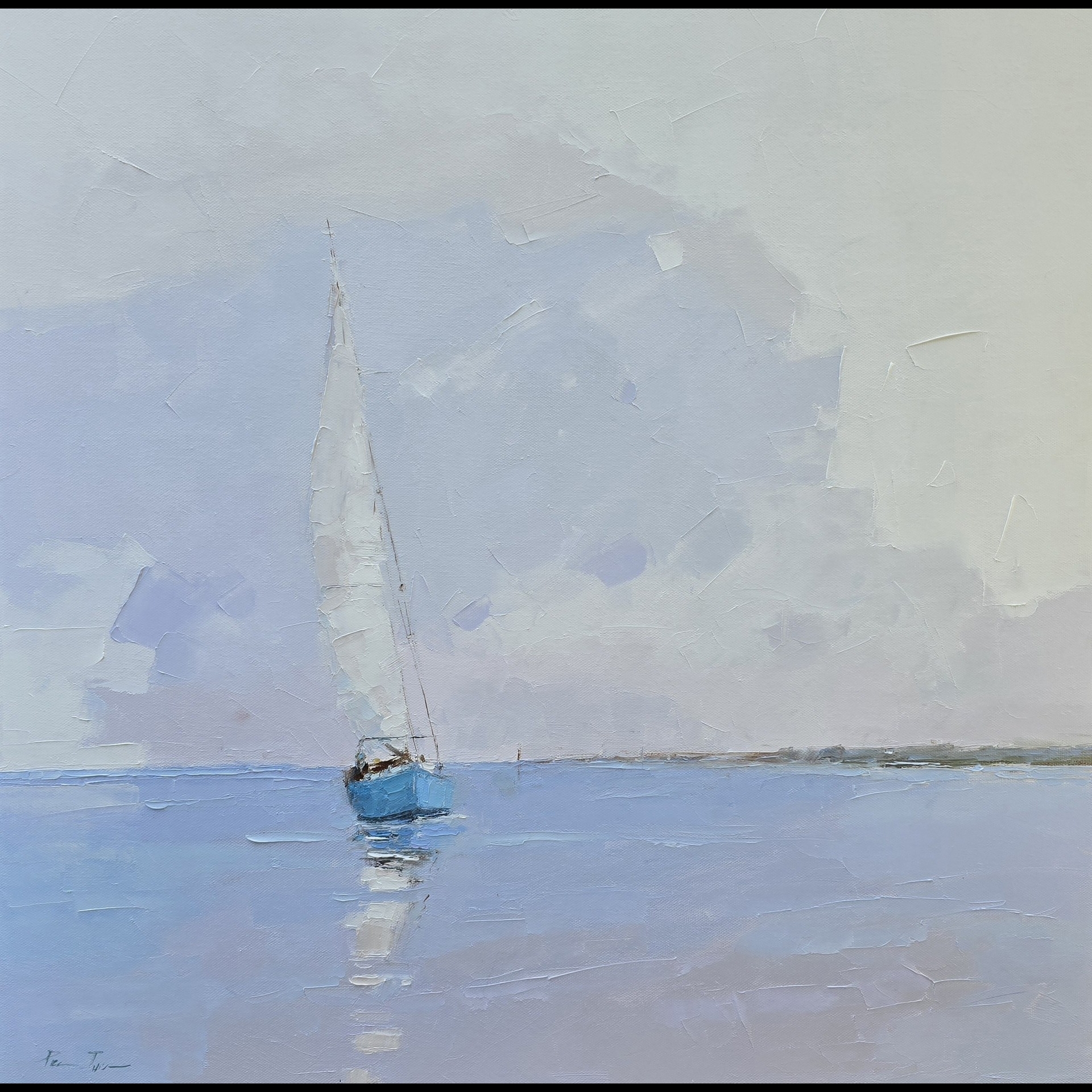 A light blue painting of a boat on the water.