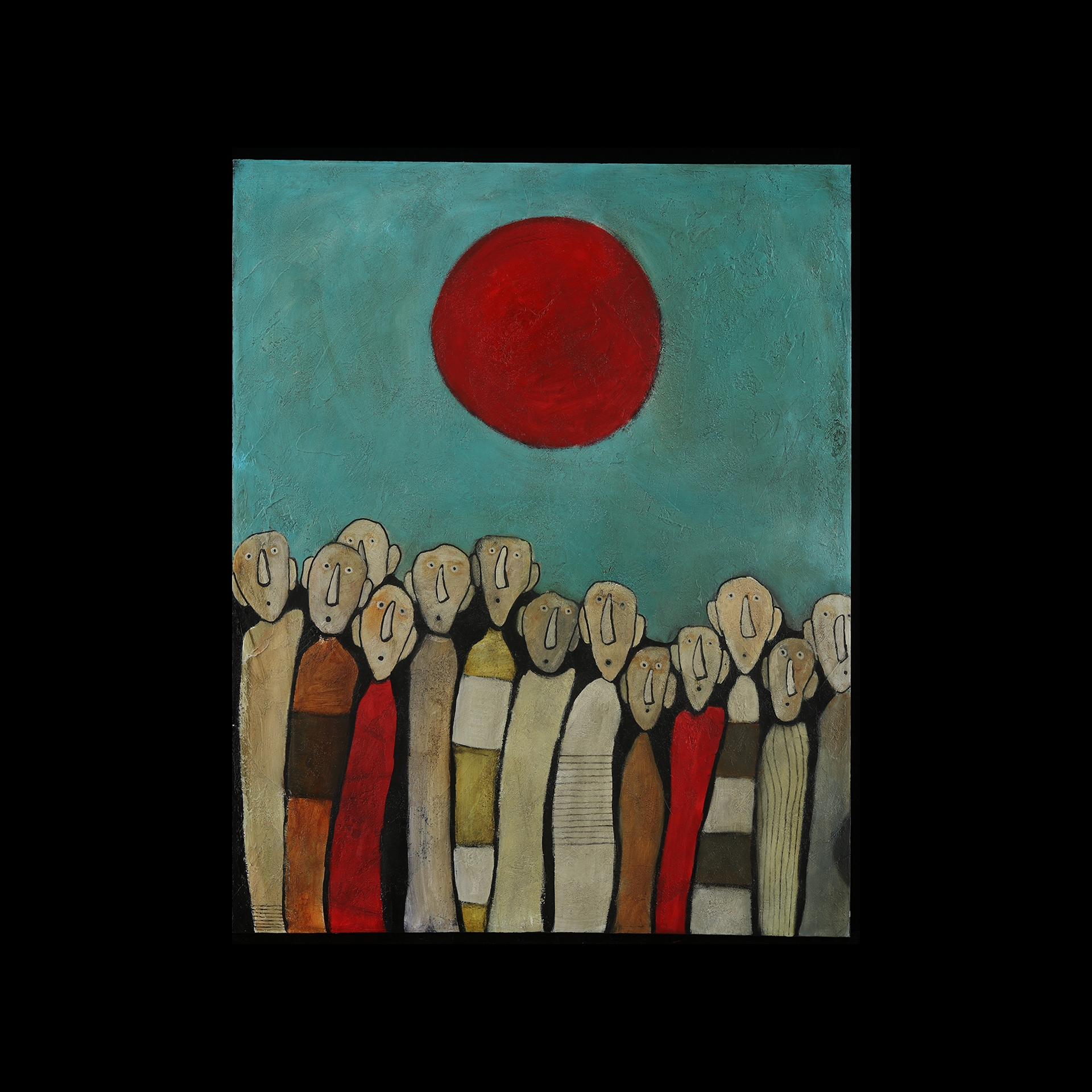 Many characters of people under a red sun.