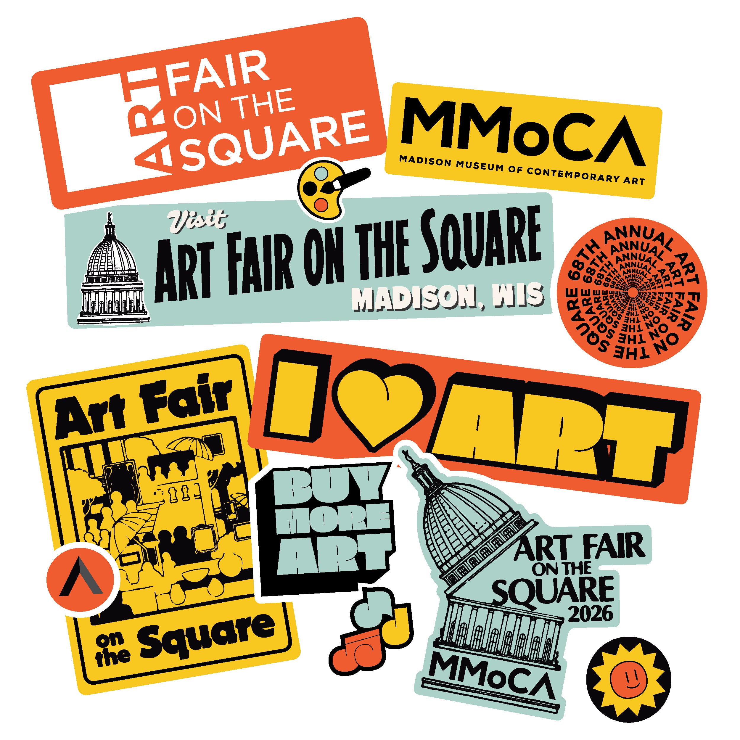 Many stickers relating to Art Fair on the Square.