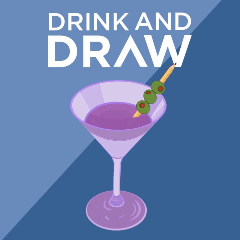 Drink and Draw written above a drawing of a cocktail.
