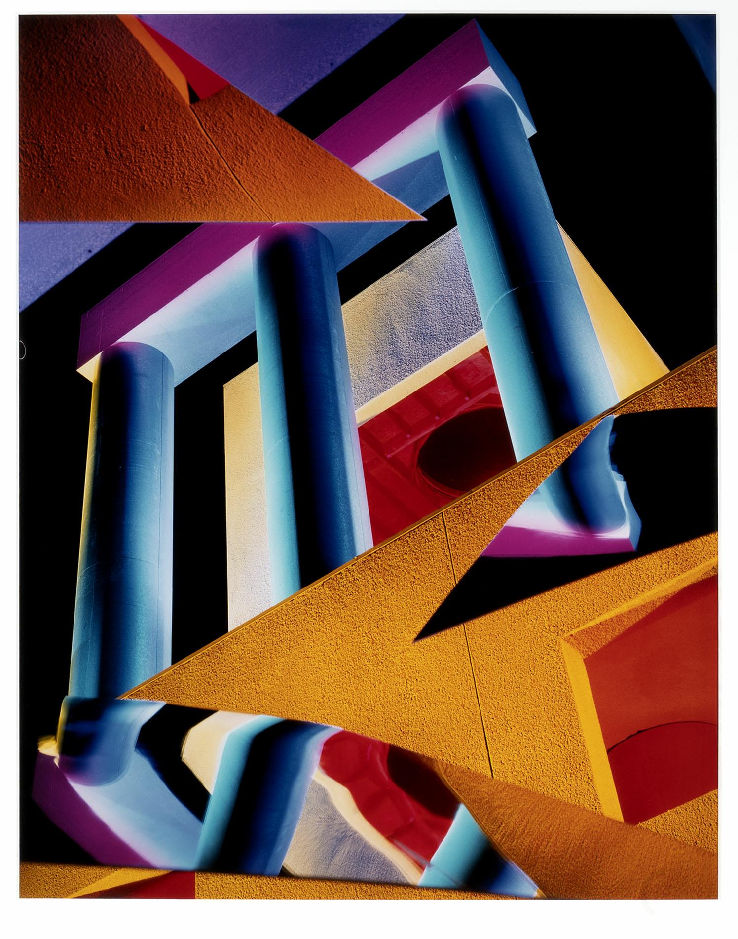 An abstract art work with blues and oranges.