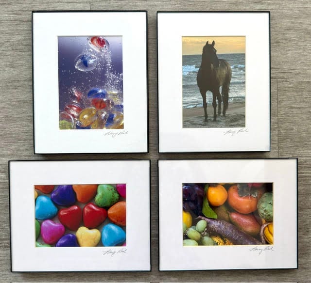 Photos of colorful rocks and horses. 