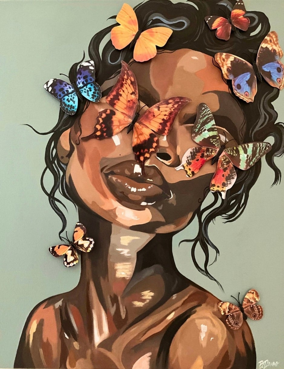 A woman with butterflies on her face.