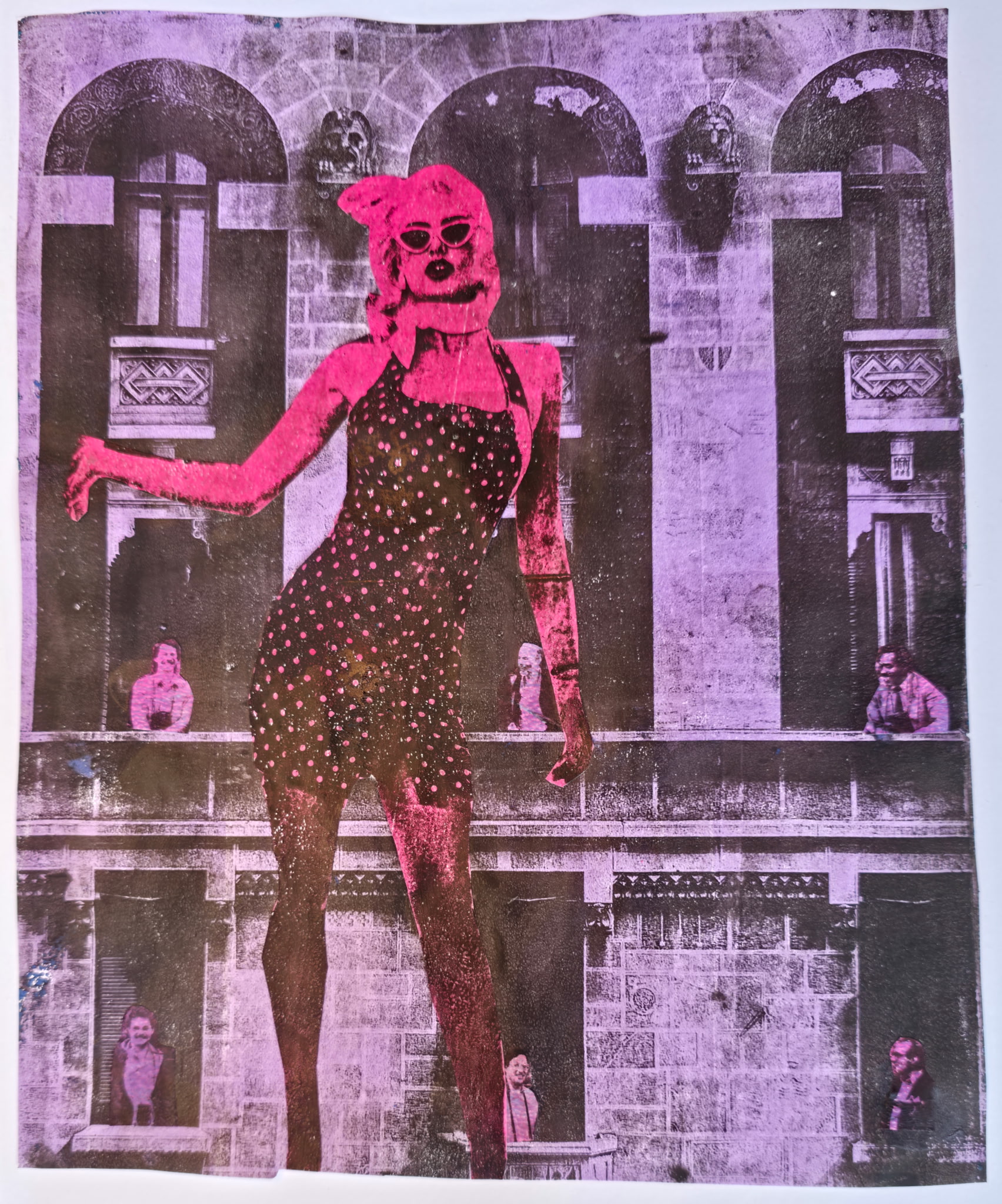A pink woman against a purple background. 