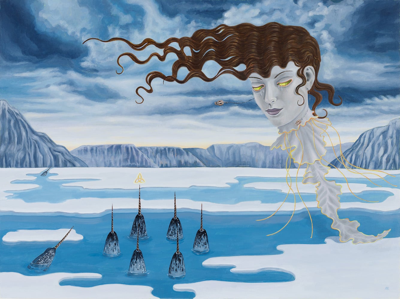 A winter landscape scene with a floating head.