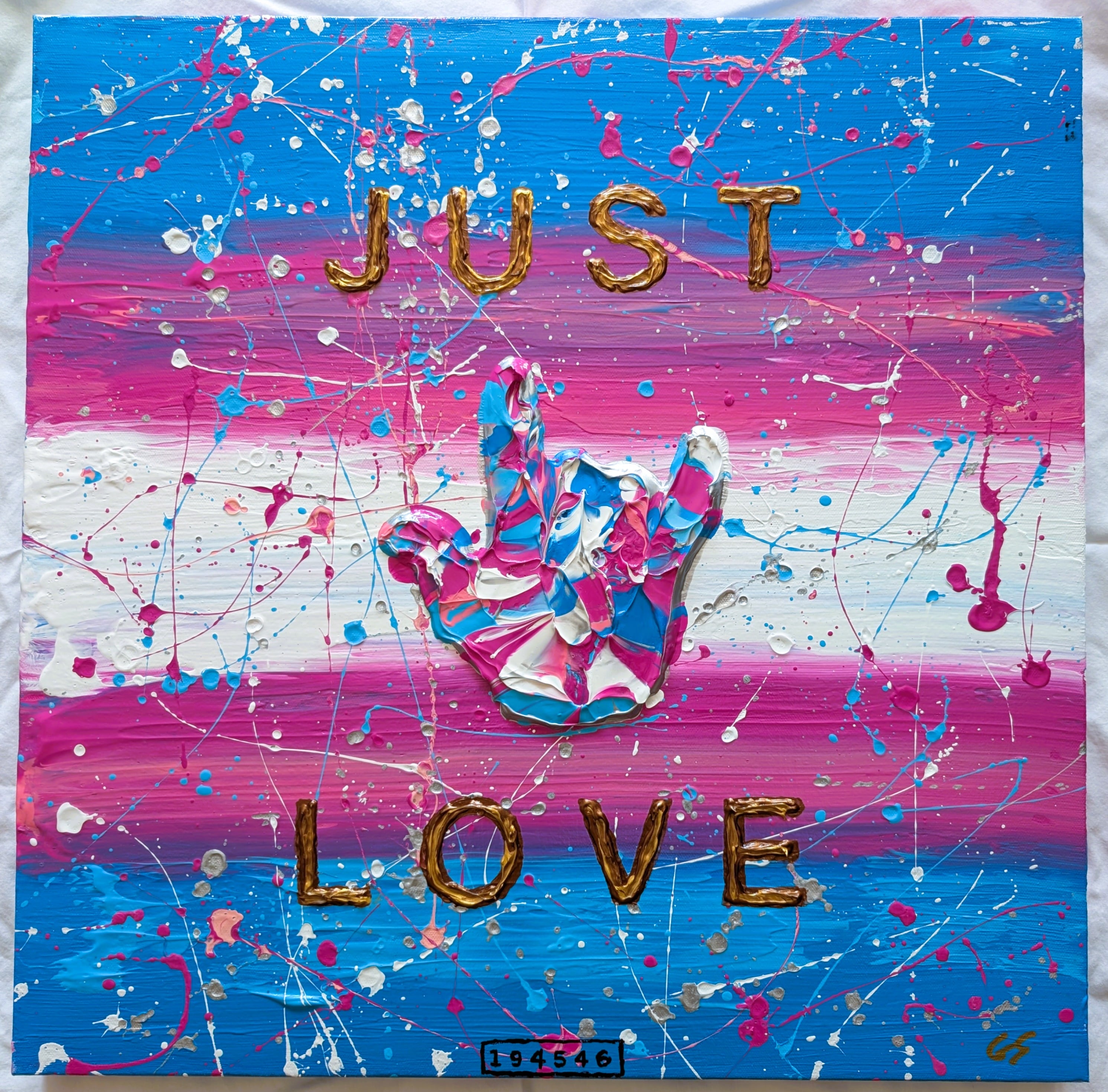 An absrtact painting of a hand making the American sign language symbol for love.