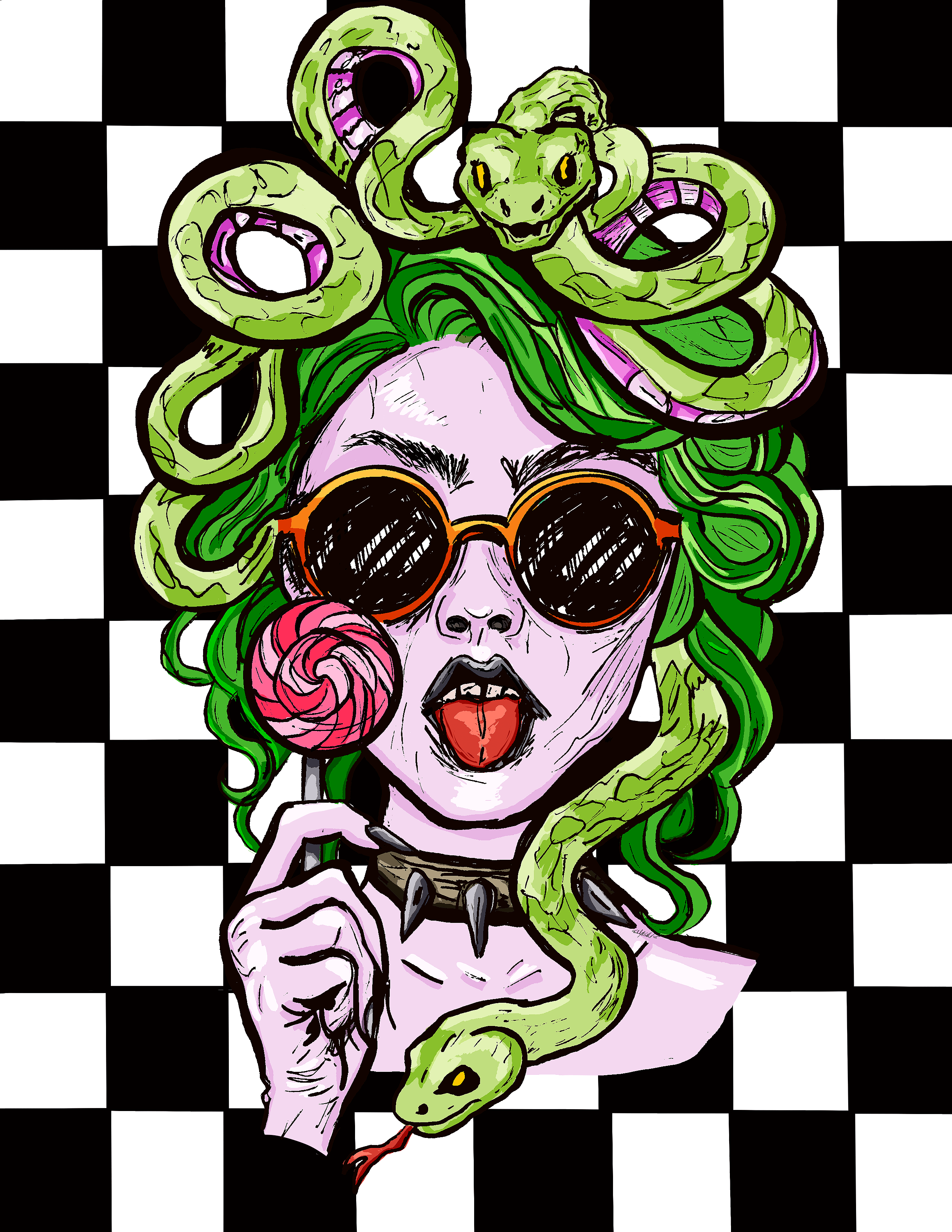 A picture if Medusa wearing glasses and licking a lollypop. 