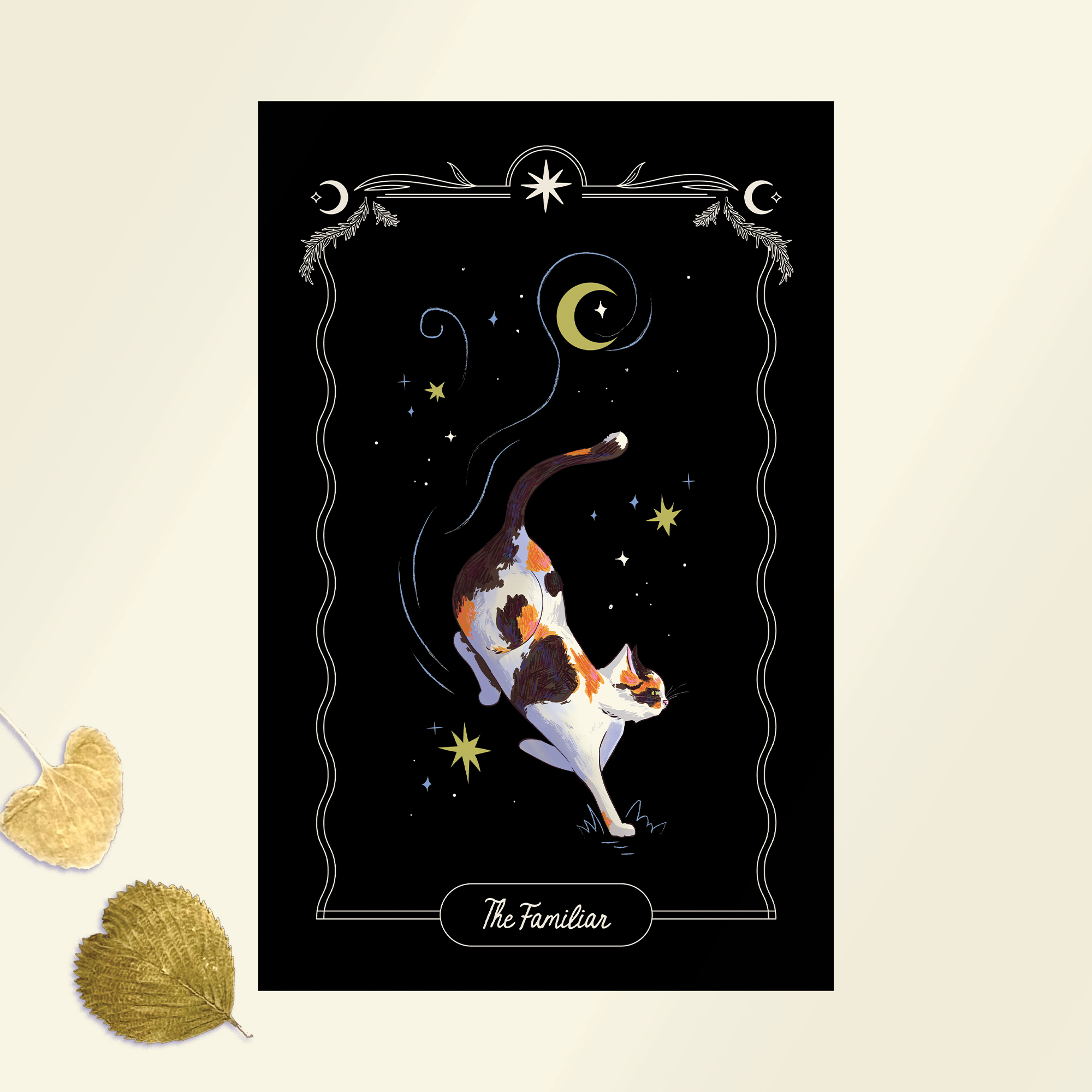 An artwork showing a cat at night.