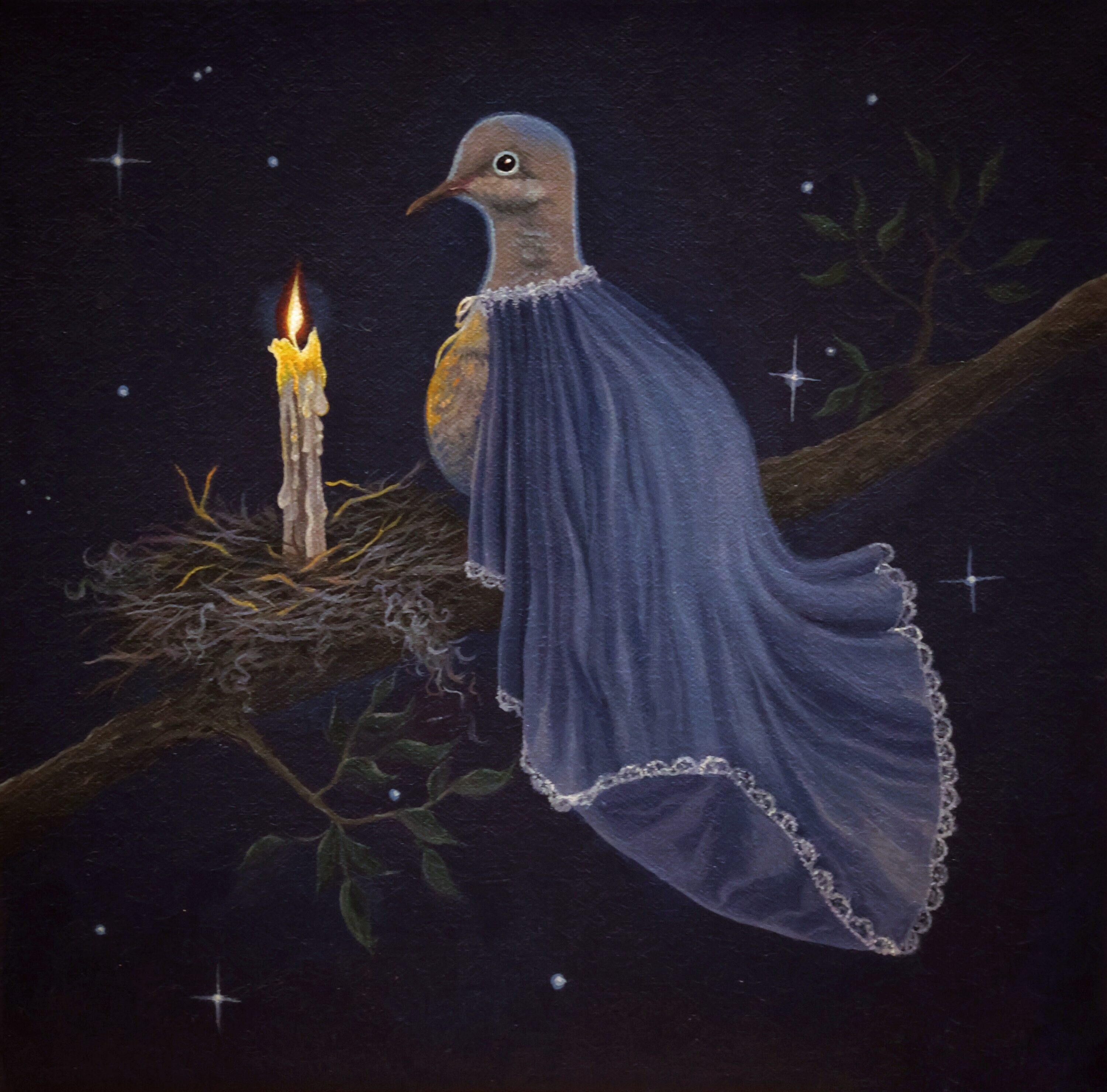 A painting of a dove in a cloak. 