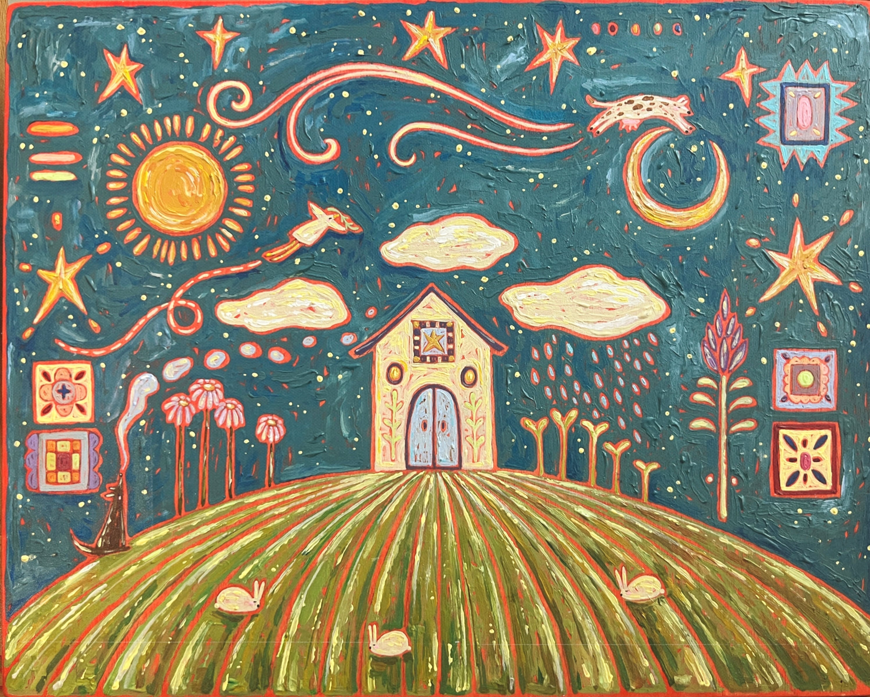 An illustration of a house on a hill with many natural elements. 